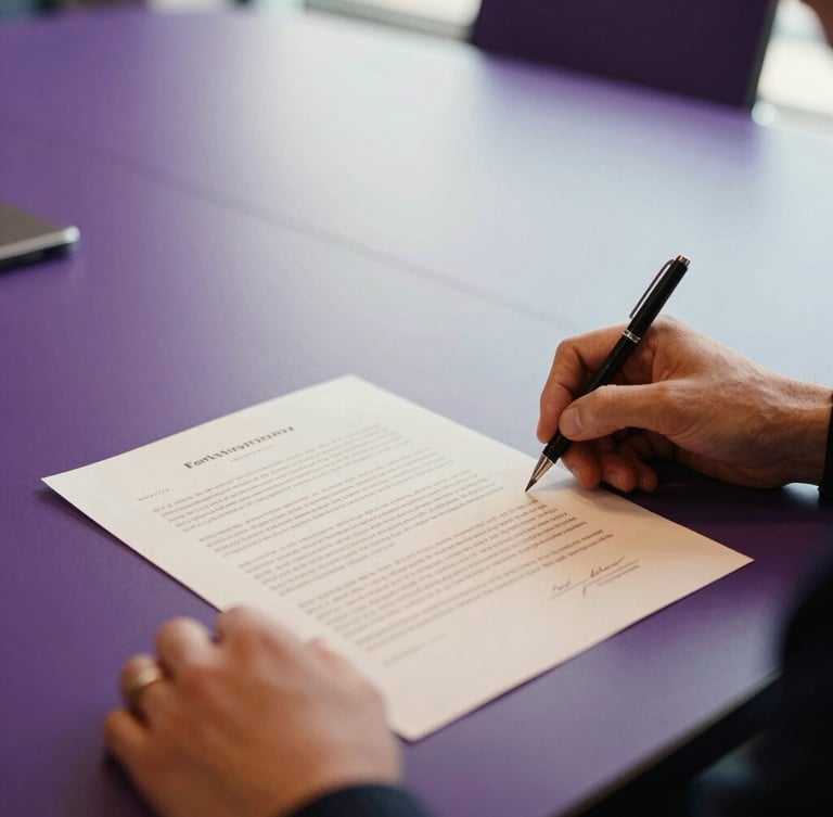 Close-up of hands reviewing a physical contract on a modern conference table, soft natural daylight, shallow depth of field, deep purple and warm parchment tones, 35mm