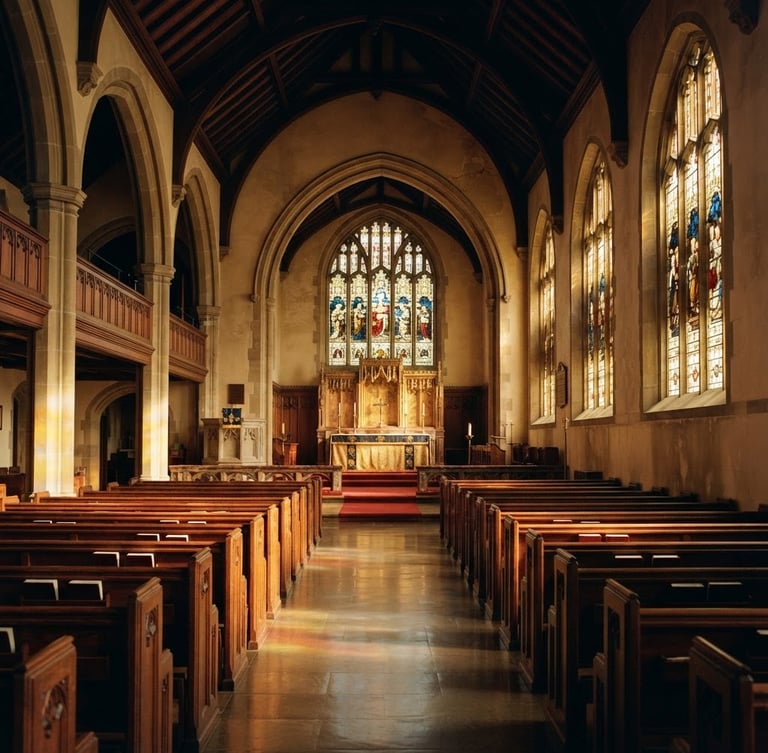Sunlit church sanctuary interior with warm morning light streaming through high stained-glass windows, illuminating empty wooden pews and a polished altar, peaceful and quiet architectural framing, 35mm