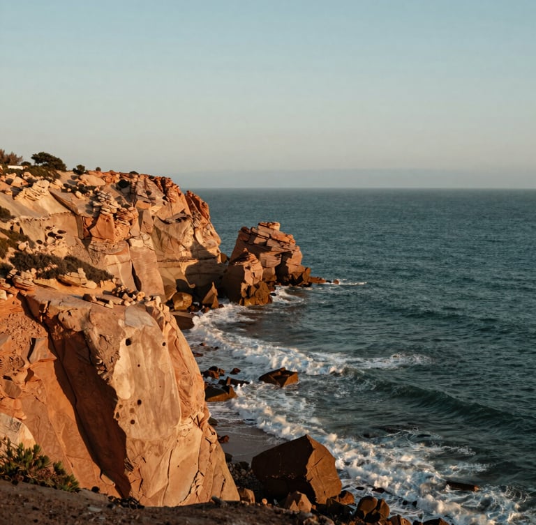 Vue verticale de la côte sauvage de Tanger, falaises de grès ocre plongeant dans l'océan Atlantique, lumière vive de fin d'après-midi, cadrage artistique minimaliste.