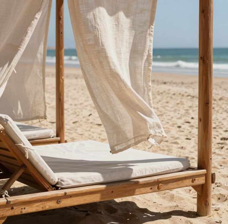 A close-up of a sun-dappled teak daybed on a sandy beach in Tangier, light linen curtains blowing gently in the wind, bright Mediterranean sunlight.