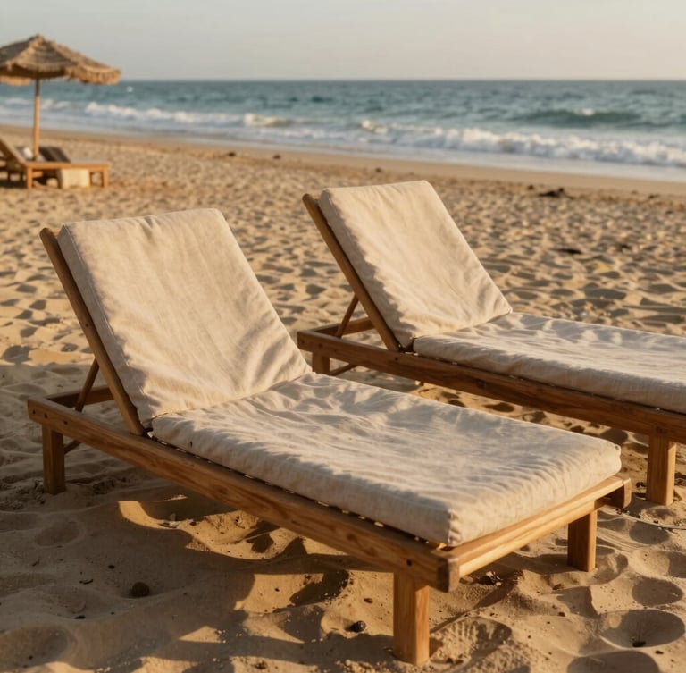 Sun-dappled teak daybeds on the sandy beach of Tangier, warm Mediterranean golden hour light, soft linen textures and ocean breeze
