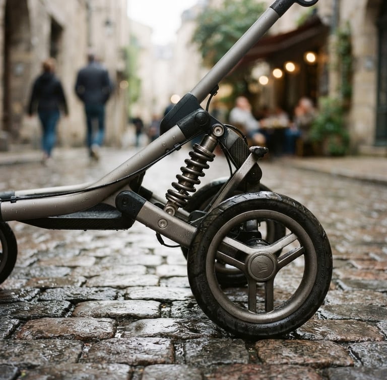 Close-up of a premium stroller chassis with heavy-duty wheel suspension on historic wet cobblestones, soft morning daylight, shallow depth of field, 35mm
