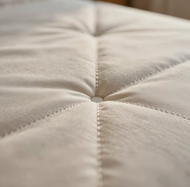 Close-up macro shot of double-stitched mattress seams, warm morning daylight, muted natural tones, shallow depth of field, 35mm