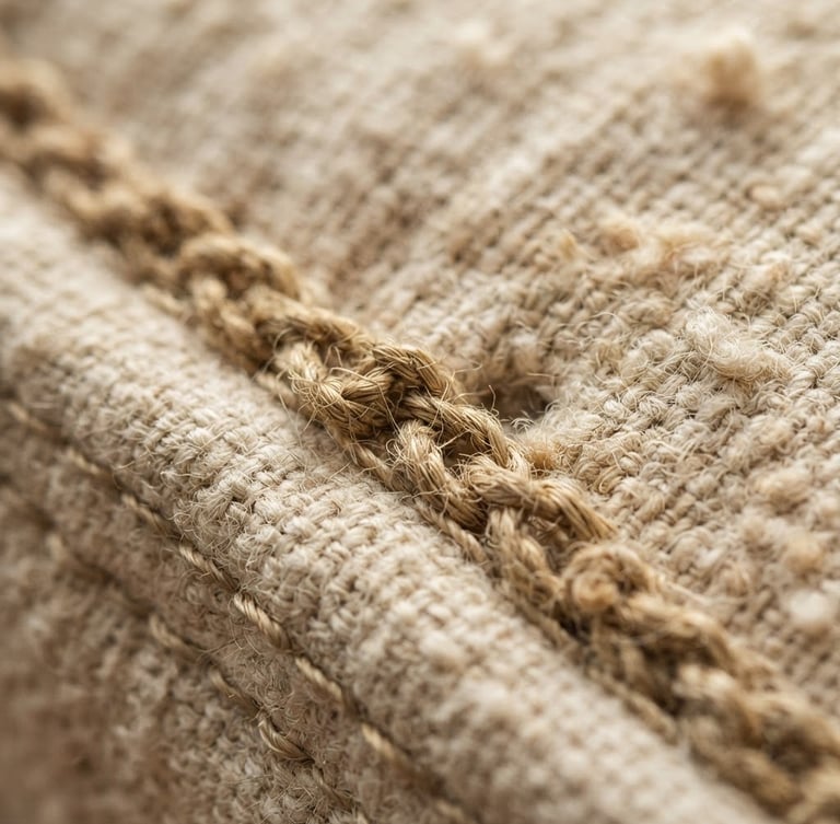 Macro detail shot of heavy-duty orthopedic mattress stitching, thick textured organic cotton fabric, warm morning daylight, shallow depth of field, 35mm