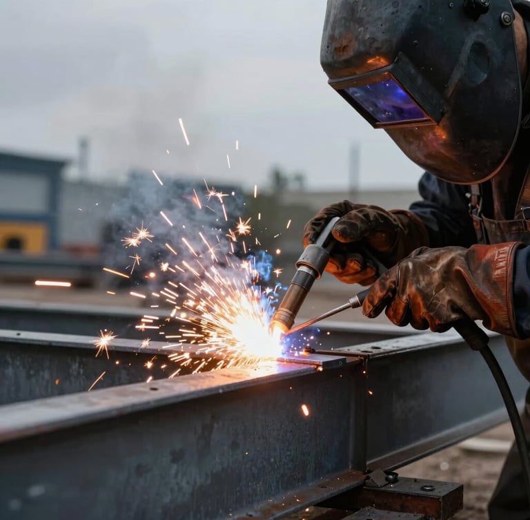 Close-up of a welder's hands operating a torch on raw structural steel, intense sparks flying, dramatic side-lighting, overcast industrial environment.