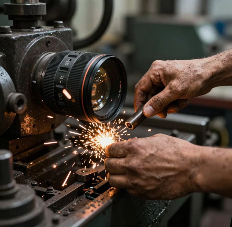 Close-up shot of weathered hands operating heavy industrial machinery, high-contrast dramatic side-lighting, raw steel environment, sparks flying.