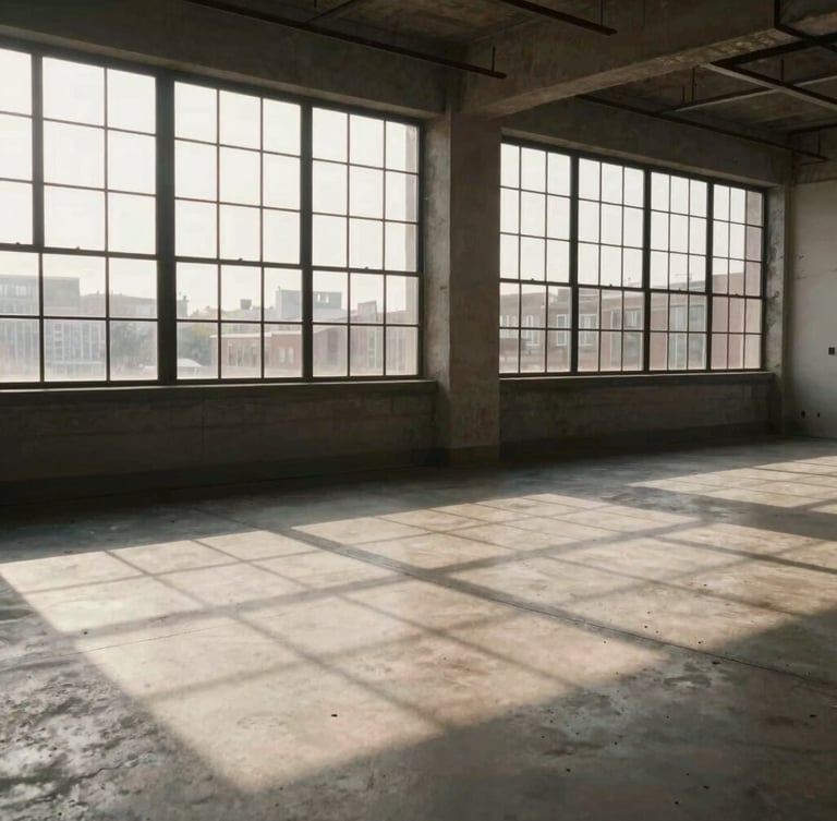 Wide-angle, low-occupancy interior shot of the South Loop loft atelier, late afternoon sun cutting through steel-framed windows casting dramatic geometric shadows on a matte concrete floor.