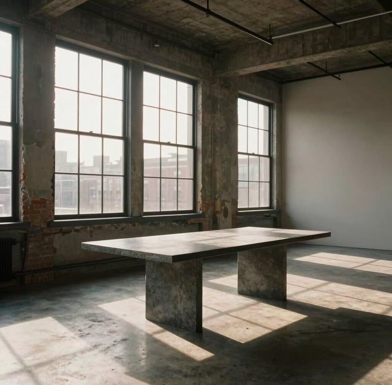 Wide-angle interior of a minimalist South Loop loft at golden hour. Hard directional natural light cuts through tall industrial windows, casting sharp geometric shadows on a concrete floor and a matte gray stone table.