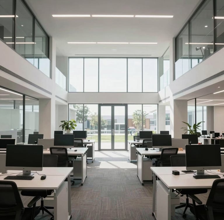 Wide environmental angle of a modern, well-lit corporate technology workspace, clean architectural lines, structured glass walls, soft natural daylight, professional atmosphere.