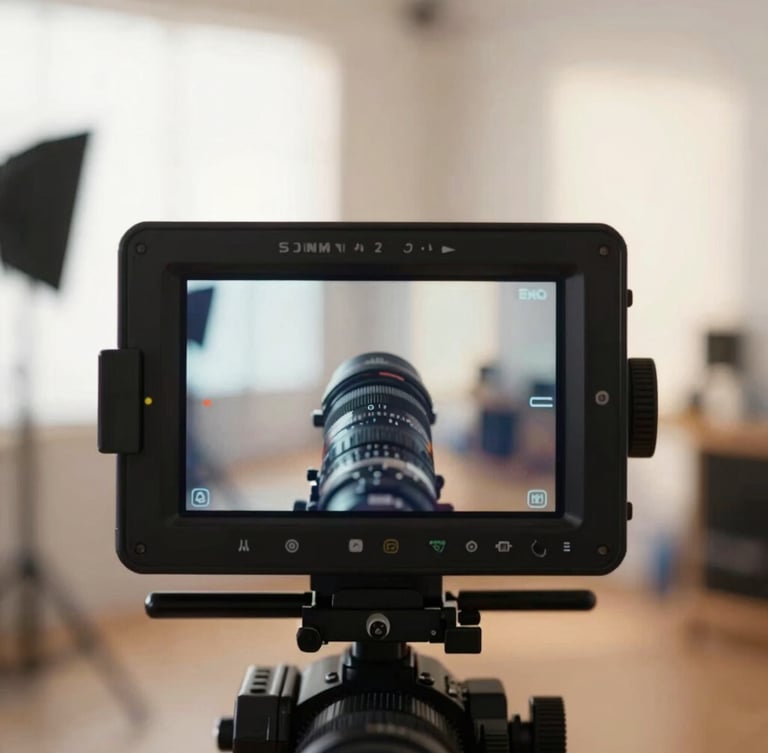 A close-up vertical shot of a modern film camera monitor displaying a brightly lit scene, set against the blurred background of a sun-drenched production studio.