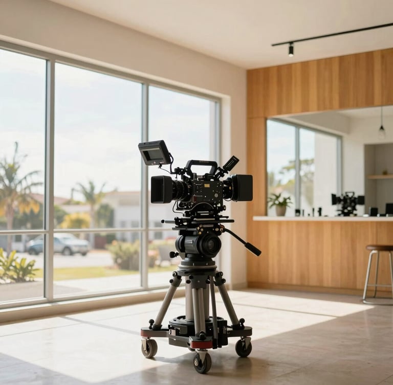 Wide environmental shot of a modern film production set, a professional camera rig on a dolly in the foreground, bright Florida daylight streaming through large windows, warm amber accents, 35mm lens