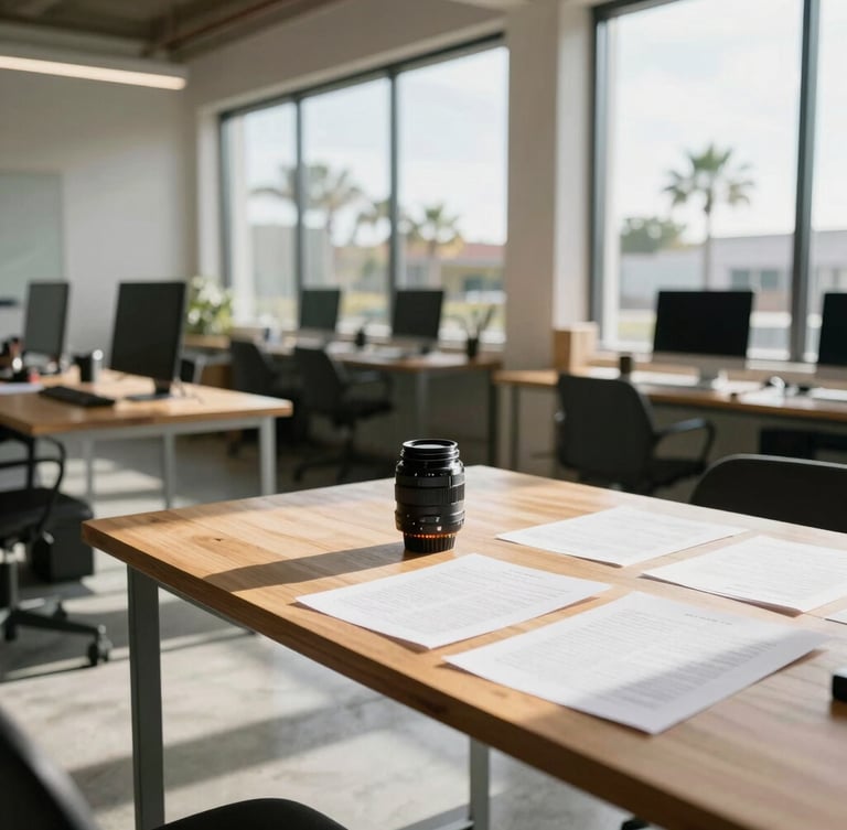 A bright, modern architectural creative workspace, concrete floors, large windows with sun-drenched Sarasota daylight, empty editing bays and script pages on a wooden table, 35mm lens