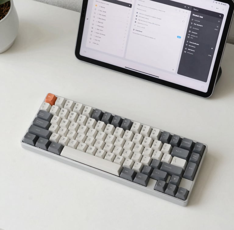 Overhead flat-lay of a minimalist workspace with a mechanical keyboard, a clean off-white desk, and a crisp high-contrast UI mockup on an iPad screen, soft natural daylight, 35mm