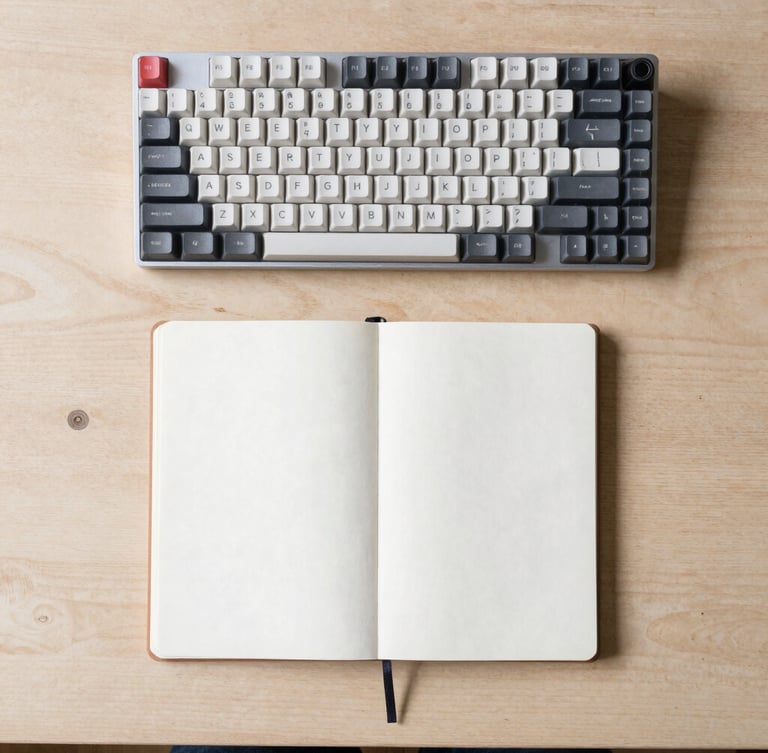 Overhead flat-lay of a minimalist wooden desk in India, a mechanical keyboard, a single notebook, soft natural daylight, 35mm photograph