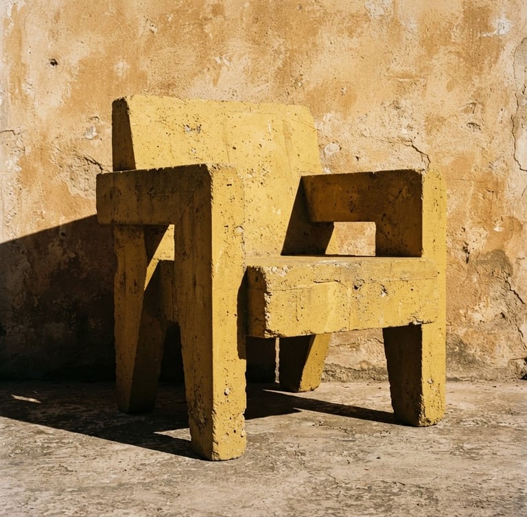 Low-angle medium shot of a heavy, brutalist mustard yellow concrete chair set against a raw weathered plaster wall, harsh direct sunlight casting dramatic sharp shadows.
