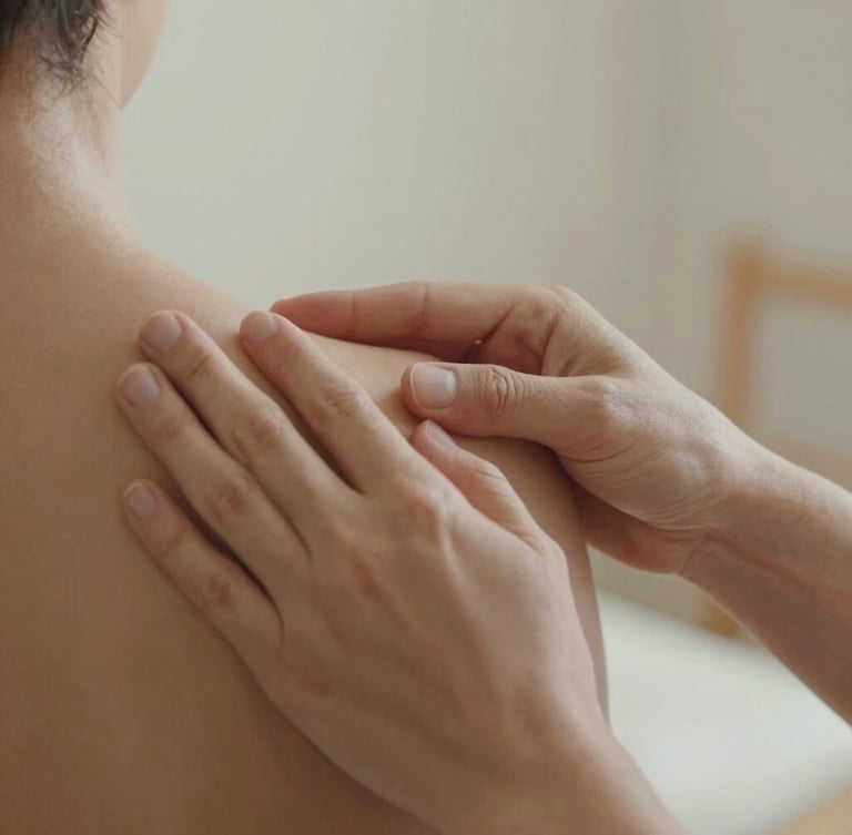 Close-up of hands-on manual therapy, a physiotherapist gently guiding a patient's shoulder movement, warm natural daylight, soft focus, muted earth tones.