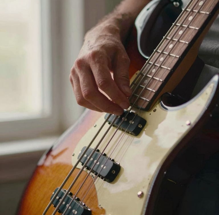 Close-up of fingers plucking thick flatwound strings on an old sunburst electric bass, rich wood grain, soft residential window light, shallow depth of field