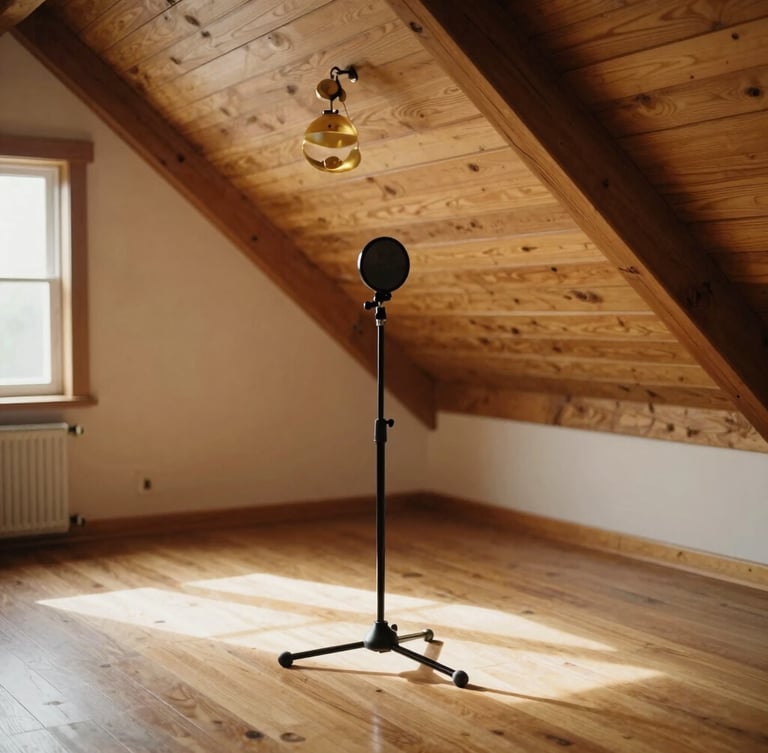 Tight editorial angle of a vaulted wooden ceiling and warm oak floorboards in a sunlit room, a microphone stand positioned to capture natural room acoustics, 35mm