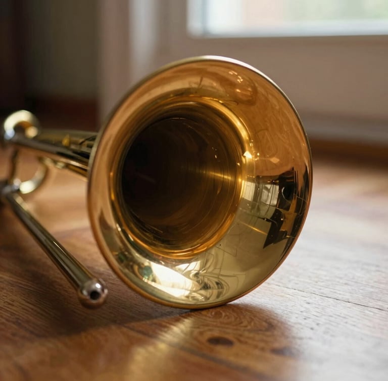 Close-up of a vintage brass trombone bell reflecting warm residential window light, shallow depth of field, rich wood floor background