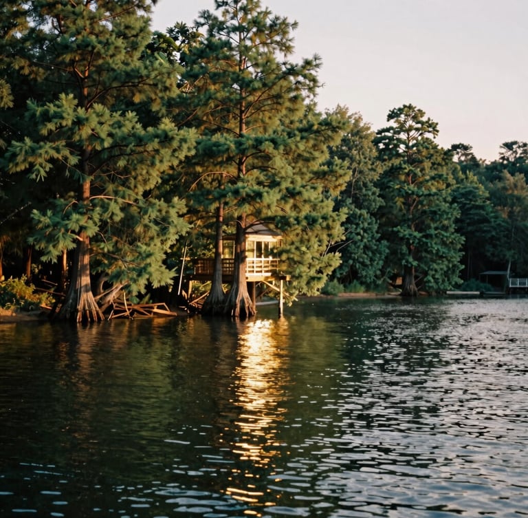 Warm golden-hour sunlight reflecting on the quiet waters of Lake Travis, surrounded by deep green cedar trees, cinematic 35mm photography.