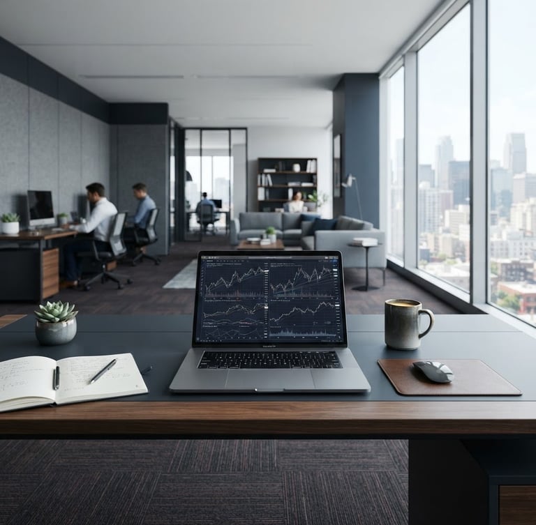 Wide panoramic modern office environment, focus on a clean desk with a laptop displaying financial data, natural daylight from a large window on the right, professional and calm atmosphere, navy and slate tones.