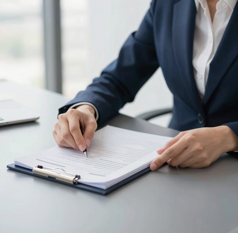 Close-up of a professional woman's hands reviewing financial documents on a modern desk, natural office lighting, clean navy and slate tones, sharp focus, 35mm