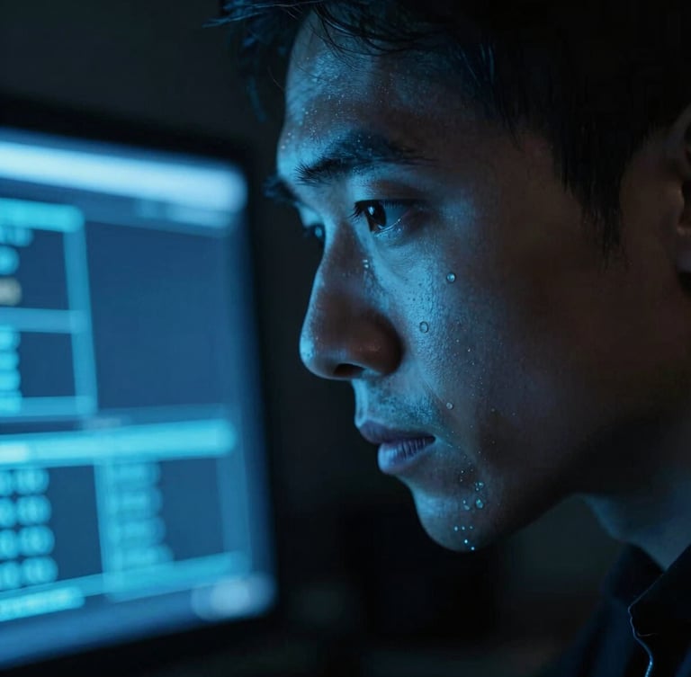 Macro close-up of a focused operator's face in a low-light environment, sharp cool blue terminal glow highlighting technical concentration, 35mm cinematic photography.