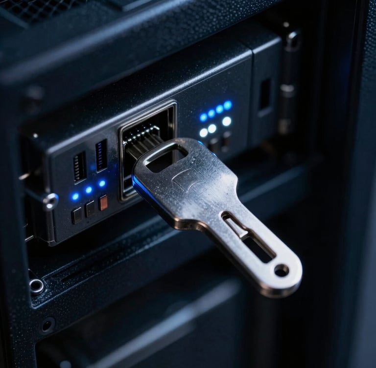 Macro close-up of a high-end hardware security key inserted into a dark server chassis, cold-toned blue and white indicator lights, high-contrast technical atmosphere.