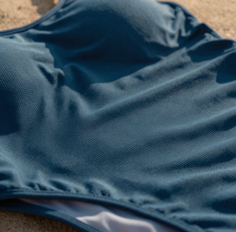 Close-up macro shot of premium textured swimwear fabric, rich ocean blue weave catching warm golden-hour sunlight, showing fine details of the high-performance lycra, shallow depth of field.
