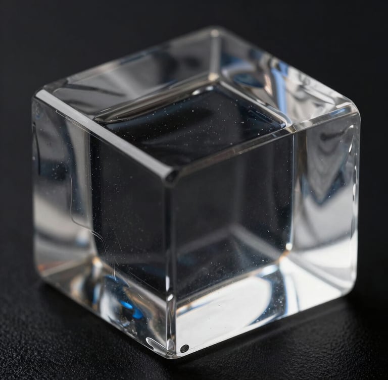 Macro studio photograph of molded transparent polymer block, sharp glossy reflections, deep black background, low-key lighting.