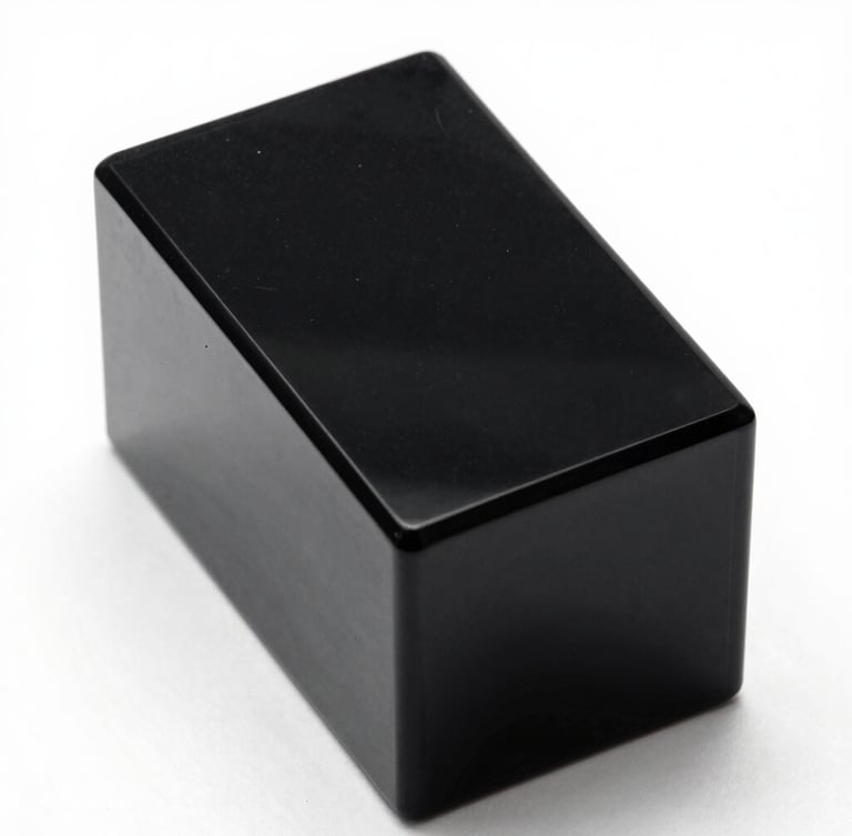 Stark macro studio photograph of polished black acrylic with sharp, glossy reflections under low-key high-contrast lighting, monolithic form.