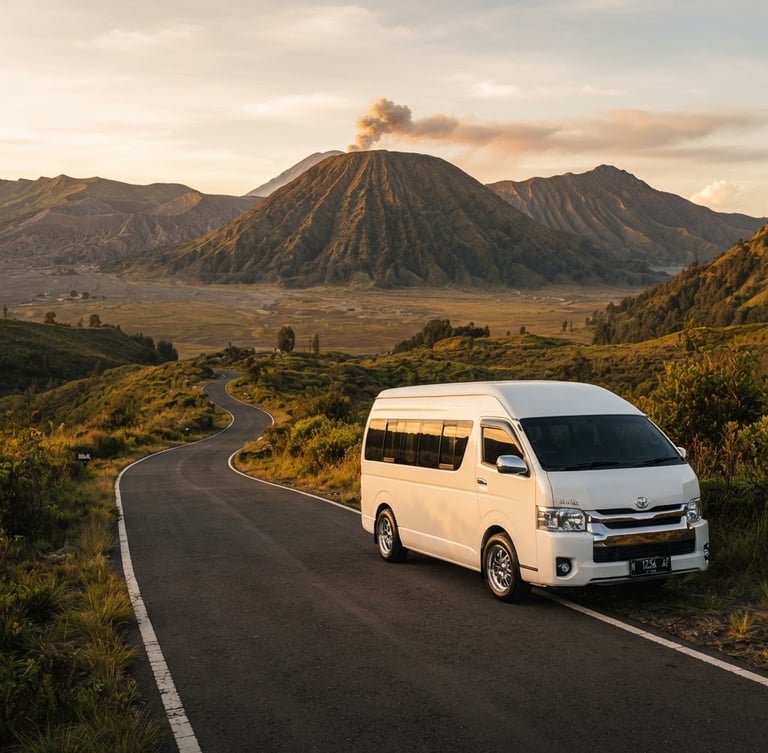 Pristine white Toyota Hiace Premio parked on a scenic mountain road in East Java, golden-hour sunlight reflecting on the clean chassis, majestic Mount Bromo in the far background, 35mm lens