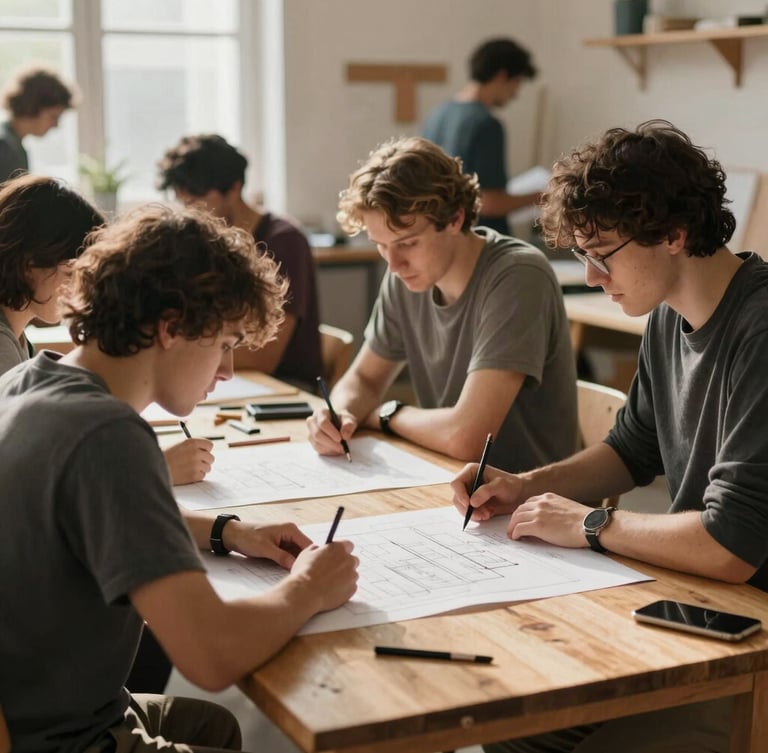 Warm, natural daylight illuminating an active community workshop space, people gathered around a wooden table collaborating on plans, candid medium shot, soft focus background.