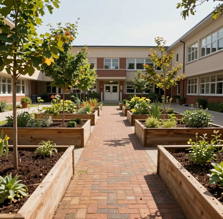 A sunlit community garden courtyard with young trees, wooden planting beds, and a brick pathway leading toward a local school building, warm natural daylight.