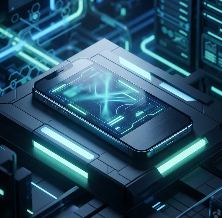 sleek 3d render, dark tech aesthetic, neon blue and mint ambient glow, high-fidelity mobile device mockup, sharp focus, isometric angle