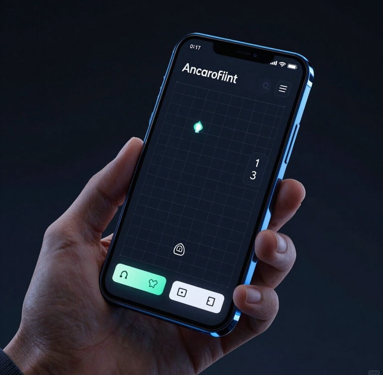 sleek 3d render, dark tech aesthetic, neon blue ambient glow, close-up hand holding an Android phone displaying a clean wireframe utility interface, sharp focus