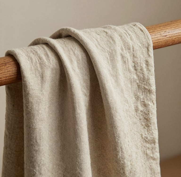 A portrait crop of a neutral sandstone-colored linen fabric draped elegantly over a wooden rail, highlighting the soft tactile weave under diffused natural light.