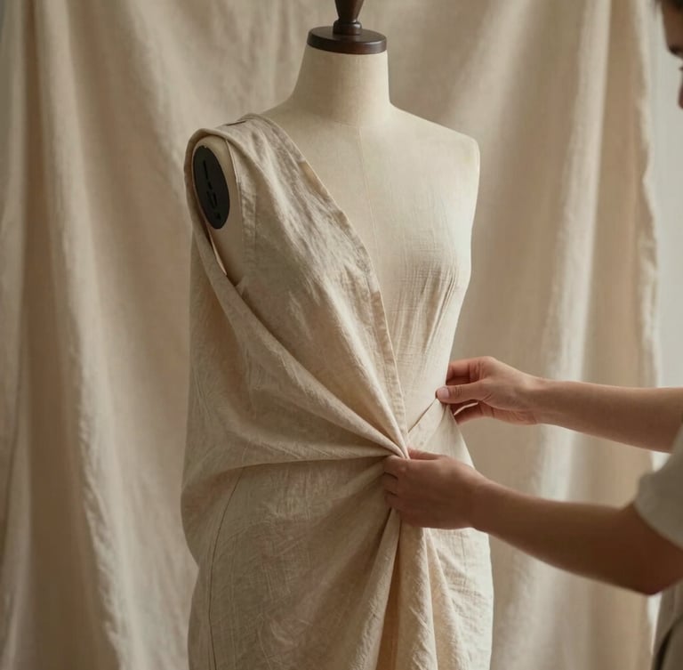 Soft, diffused daylight in a Millcreek studio, hands pinning heavy linen drape on a minimalist dress form, warm sandstone tones.