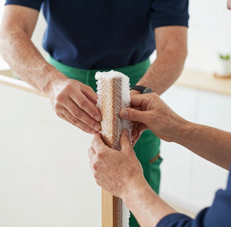 Hands wrapping a wooden furniture leg carefully with protective bubble wrap inside a bright room, professional documentary style