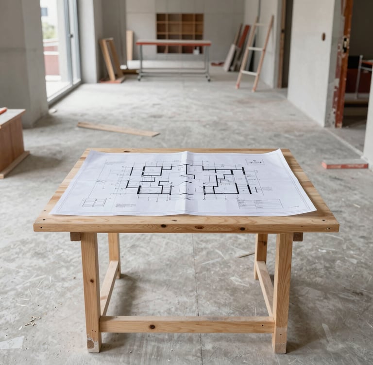 Straight-on architectural shot of an active, highly organized renovation site in Modena, clean concrete floors, blueprints on a work table, bright natural daylight, 35mm lens