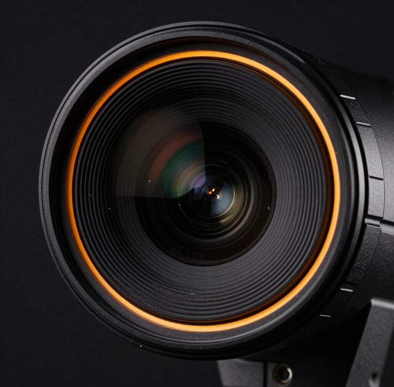 Tight macro shot of a sleek matte black security camera lens with a sharp amber rim light, high-contrast technical studio photography
