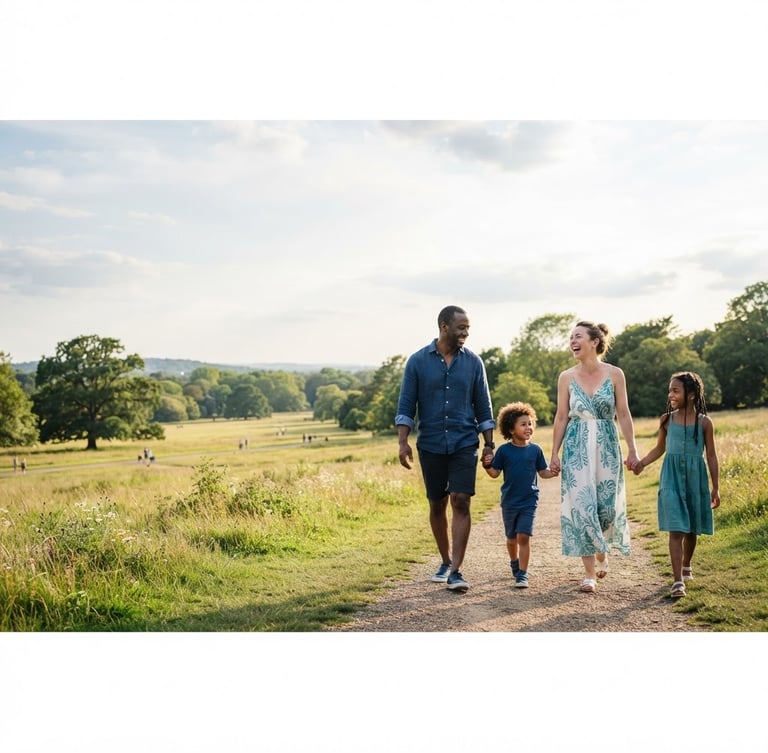 Wide panoramic shot of a diverse, smiling family (parents and two children) walking hand-in-hand in a sunlit park, warm natural daylight, soft teal and deep blue accents, shallow depth of field, authentic, low horizon, expansive sky. Subject placed to the right.