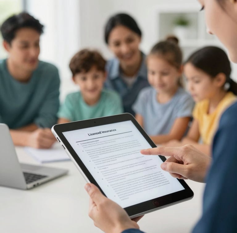 A licensed insurance advisor's hands pointing to a specific clause on a tablet screen, a diverse family in soft focus in the background, bright natural daylight, soft teal and deep blue accents, shallow depth of field, authentic