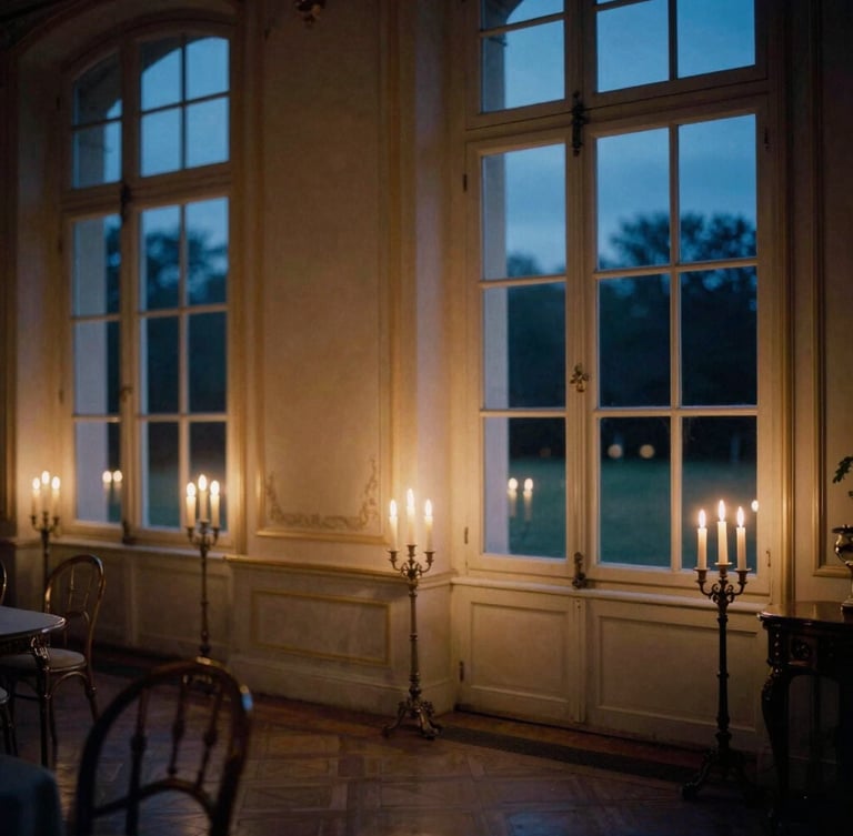 Elegant historic French château salon at dusk, warm candlelight glowing through tall windows, soft shadows, 35mm film photography, midnight blue highlights, shallow depth of field