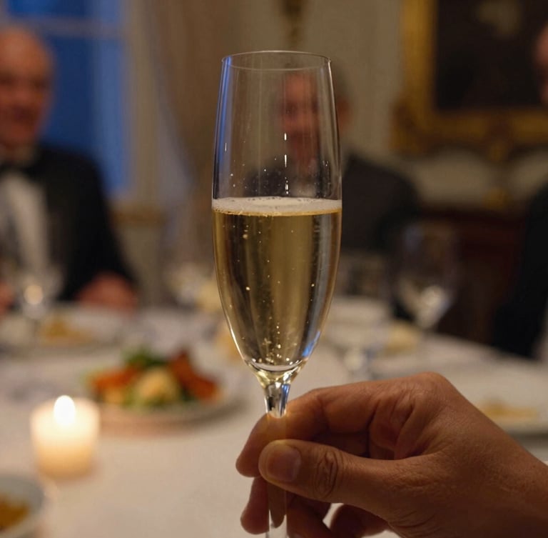 Close-up of champagne flute being held at an elegant dinner party, warm amber lighting, soft focus on a historic dining room background, editorial photography