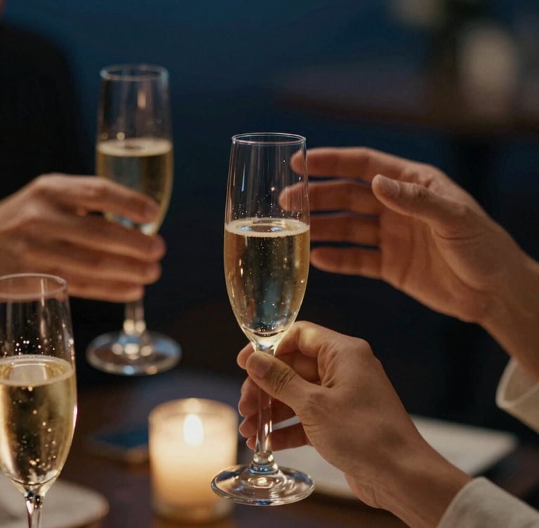 Close-up of hands gesturing in conversation over champagne glasses, warm low-key light, shallow depth of field, 35mm
