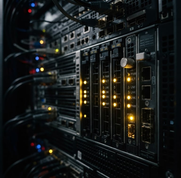 Sleek dark-mode macro shot of a physical server rack with glowing gold indicator lights, high-contrast tech-noir aesthetic, premium editorial, 35mm