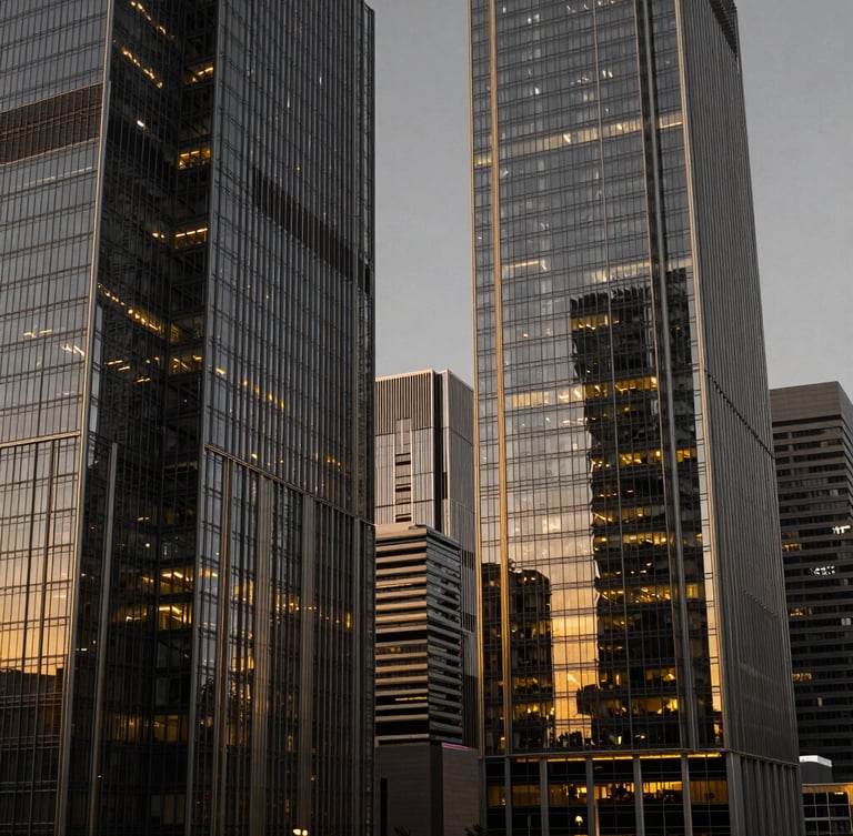 Wide structured architectural perspective of a modern financial hub at dusk, sharp golden lighting illuminating monolithic glass lines, tech-noir aesthetic