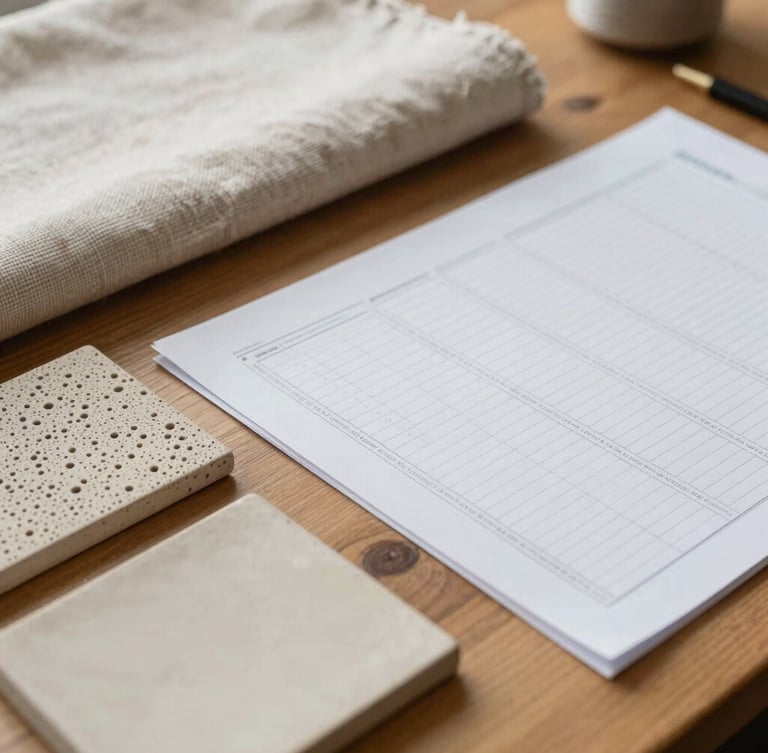 Tactile close-up of linen textiles, textured ceramic samples, and neatly organized order sheets on a warm ash wooden table, diffused natural daylight.