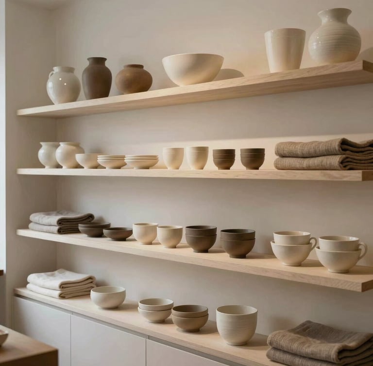 A minimalist boutique interior with clean shelves displaying curated ceramic wares and soft textiles under warm diffused light.